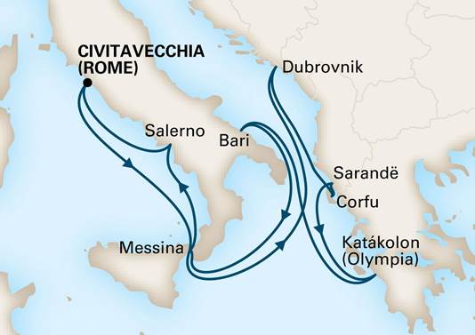 Map depicting the 11-day adriatic dream itinerary leaving from civitavecchia (rome), italy and arriving in civitavecchia (rome), italy.